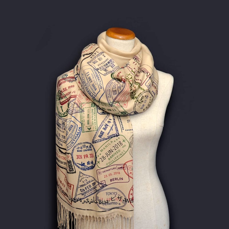 Universal Zone Traveler scarf, Scarf with passport stamps, Flight attendant gift, Travel Agent gift - Image 3